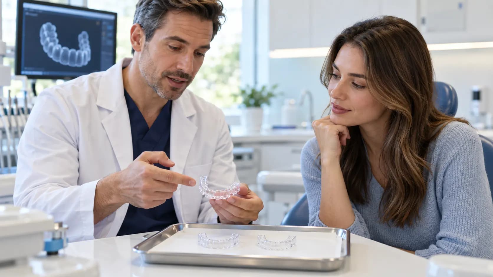 Dentist comparing Invisalign and clear aligners with a patient